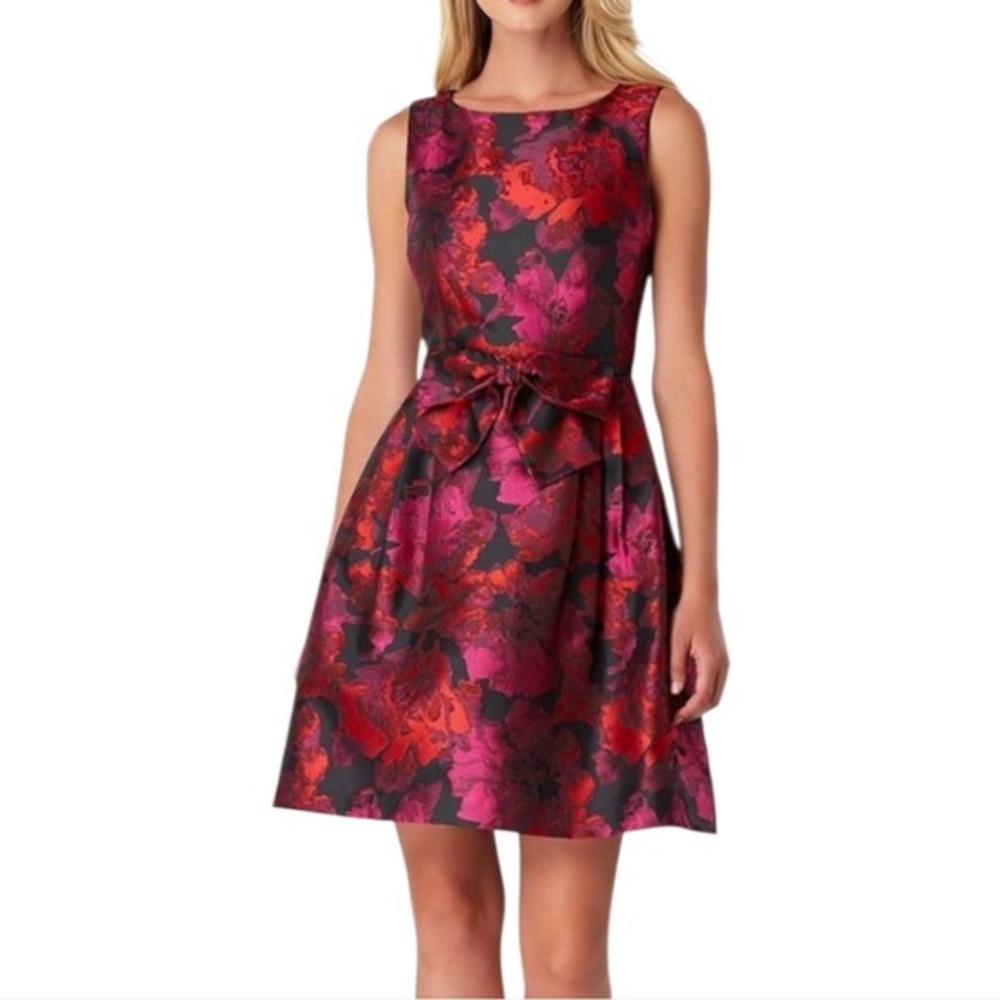 Tahari Pink Orange Floral Fit and Flare Sleeveless Pleated Cocktail Party Dress